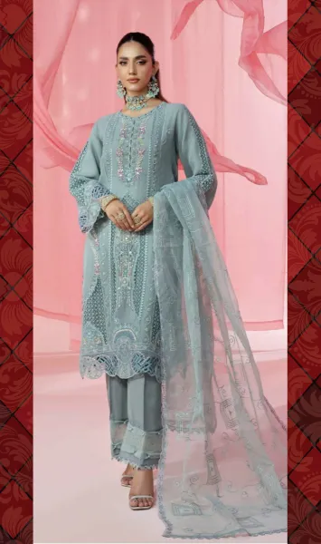 Pakistani Original Guzel Luxury Formal Organza Stitched 3Pcs _ Aqua 